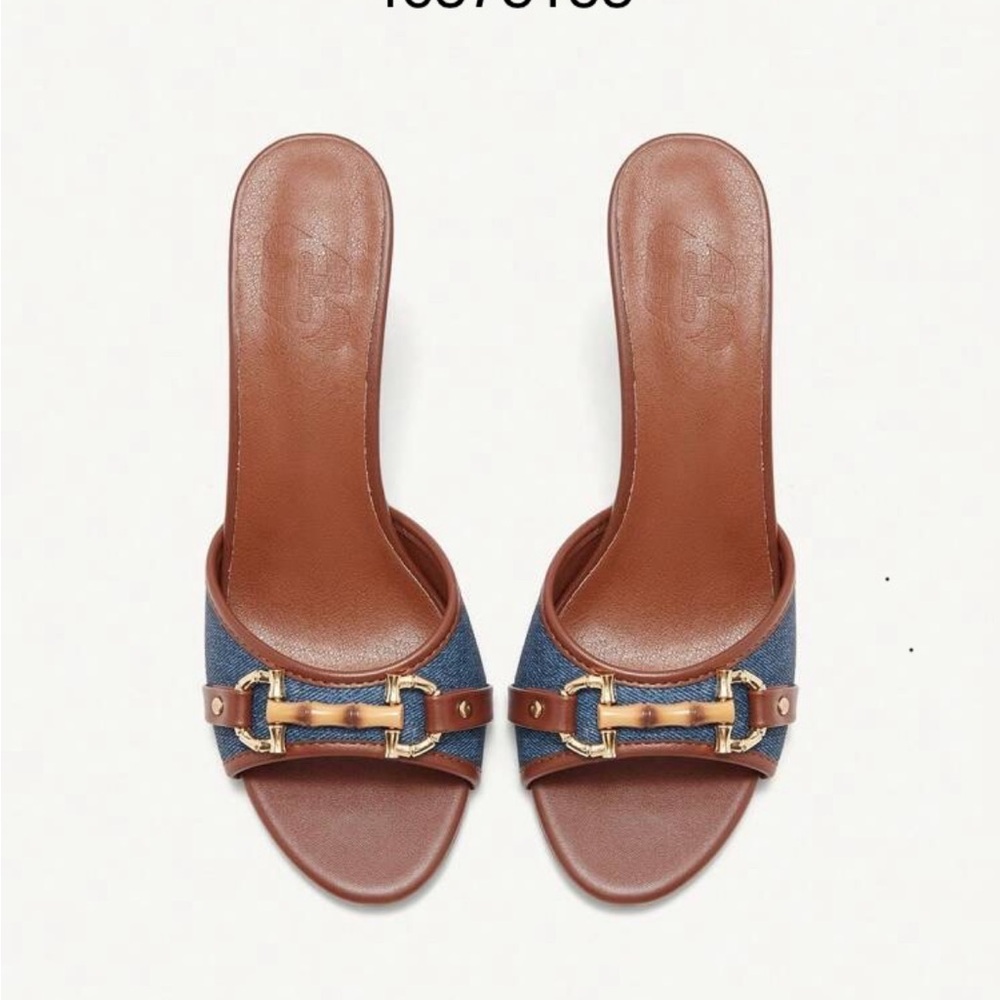 Denim & Brown Slip On Heels - Picture 3 of 3